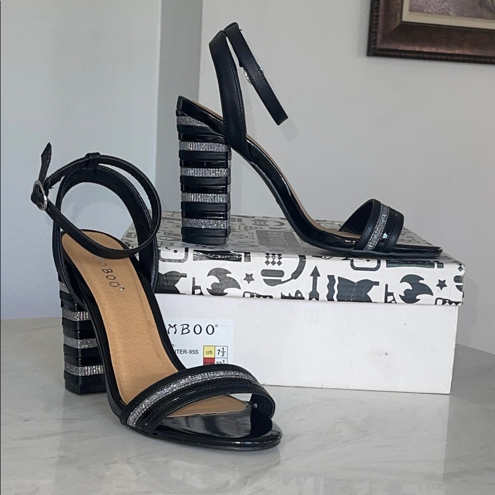 New!! ✨ “BAMBOO” Women Black and Silver Bedazzle Strappy High Heels